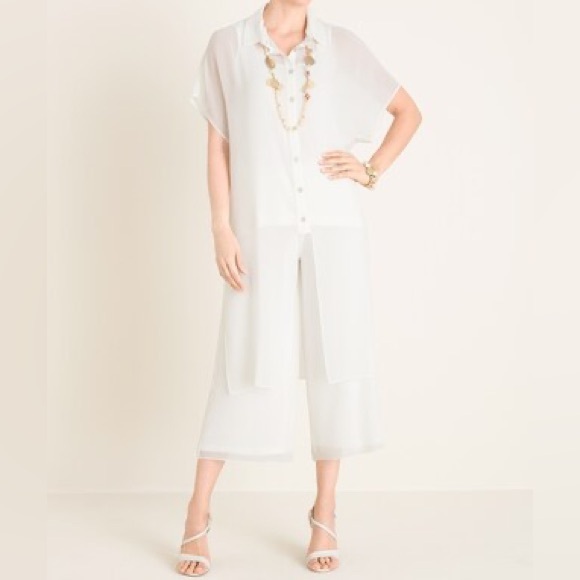 Chico's by Marla Wynne Chiffon Ivory Long Tie-Front Tunic/Duster Size M EUC - Picture 2 of 12
